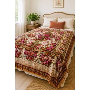 Vintage Italian Velvet Tapestry Coverlet Cherubs Floral Cottagecore Romantic MCM